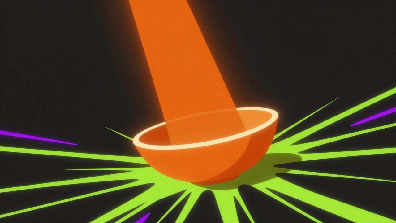 Abstract illustration of a shaft of orange light striking an arena bowl with lime filaments radiating outward, representing every club operation on one screen