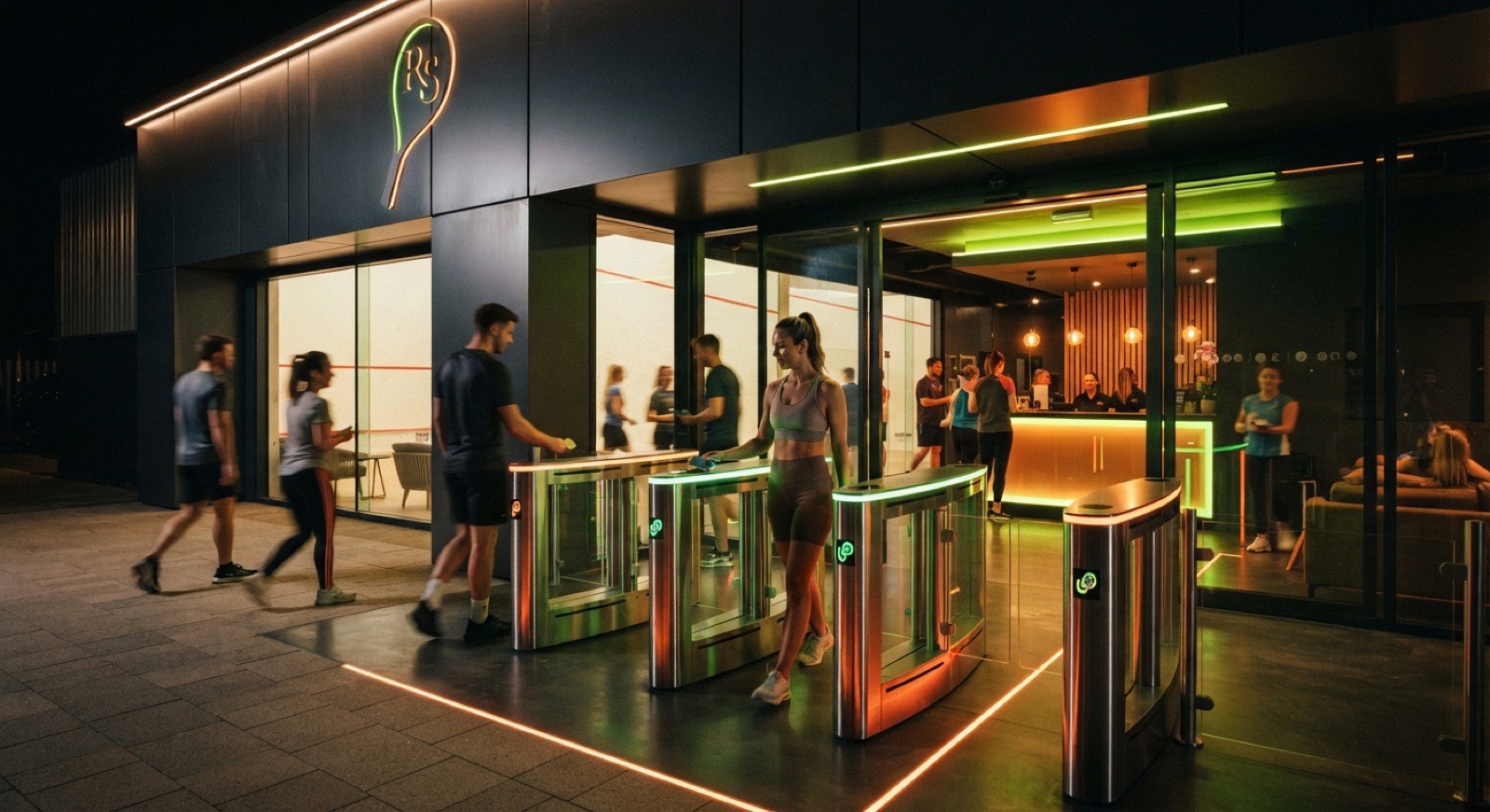 Members tapping smart cards at sleek access turnstiles at a sports club entrance at night with lime and orange accent lighting