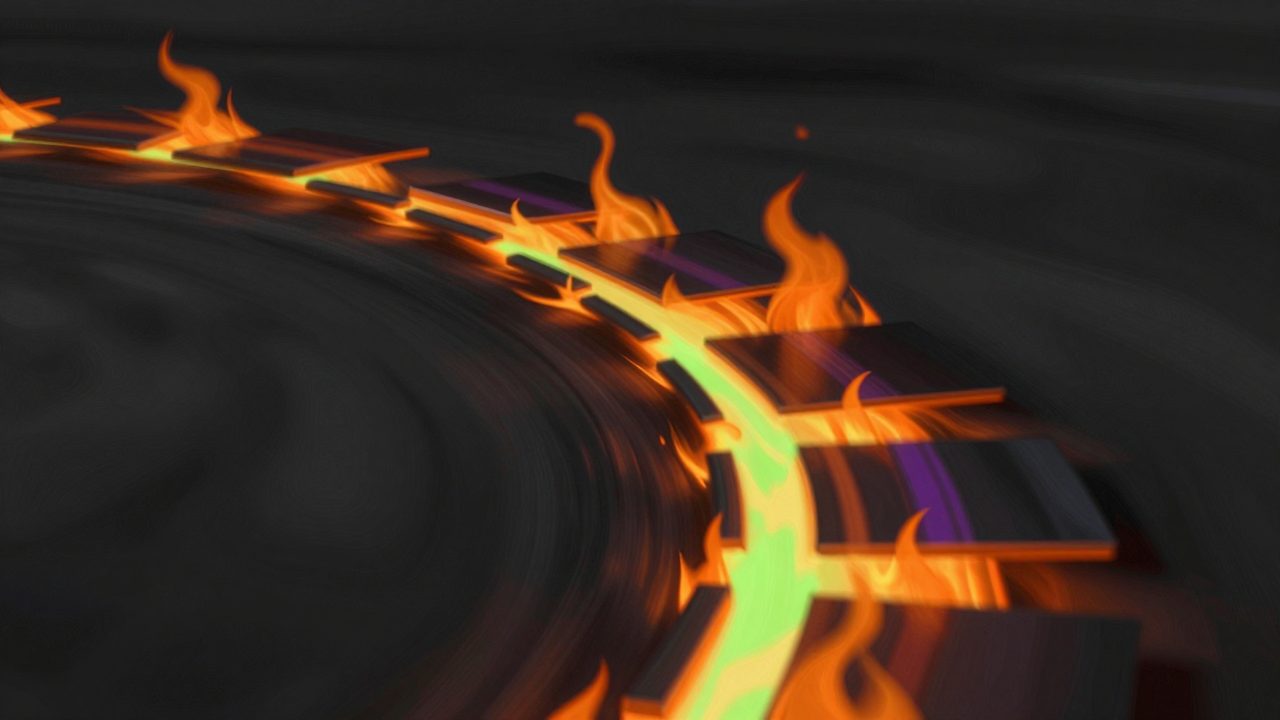 Abstract illustration of dark plates rushing along a curved path and igniting orange as they pass a threshold, representing invoices clearing to LHDN