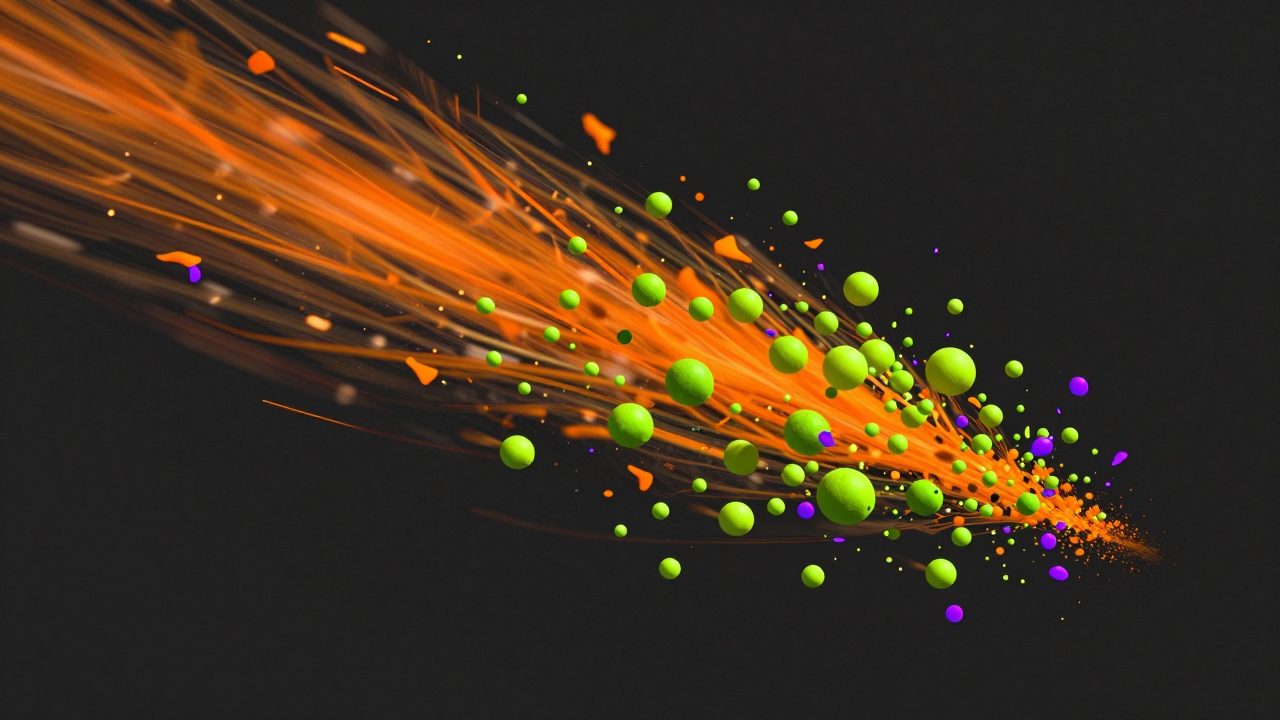 Abstract illustration of lime particles streaming in formation while a few violet ones peel away and fade, representing members kept versus members lost