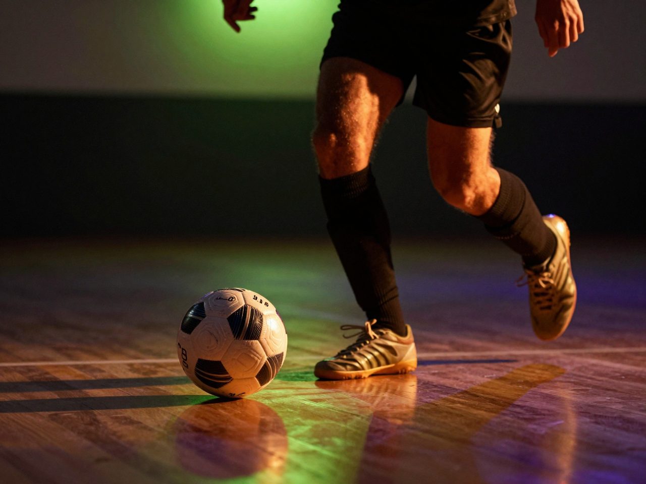 A futsal player driving the ball with the sole of the boot on a polished indoor court