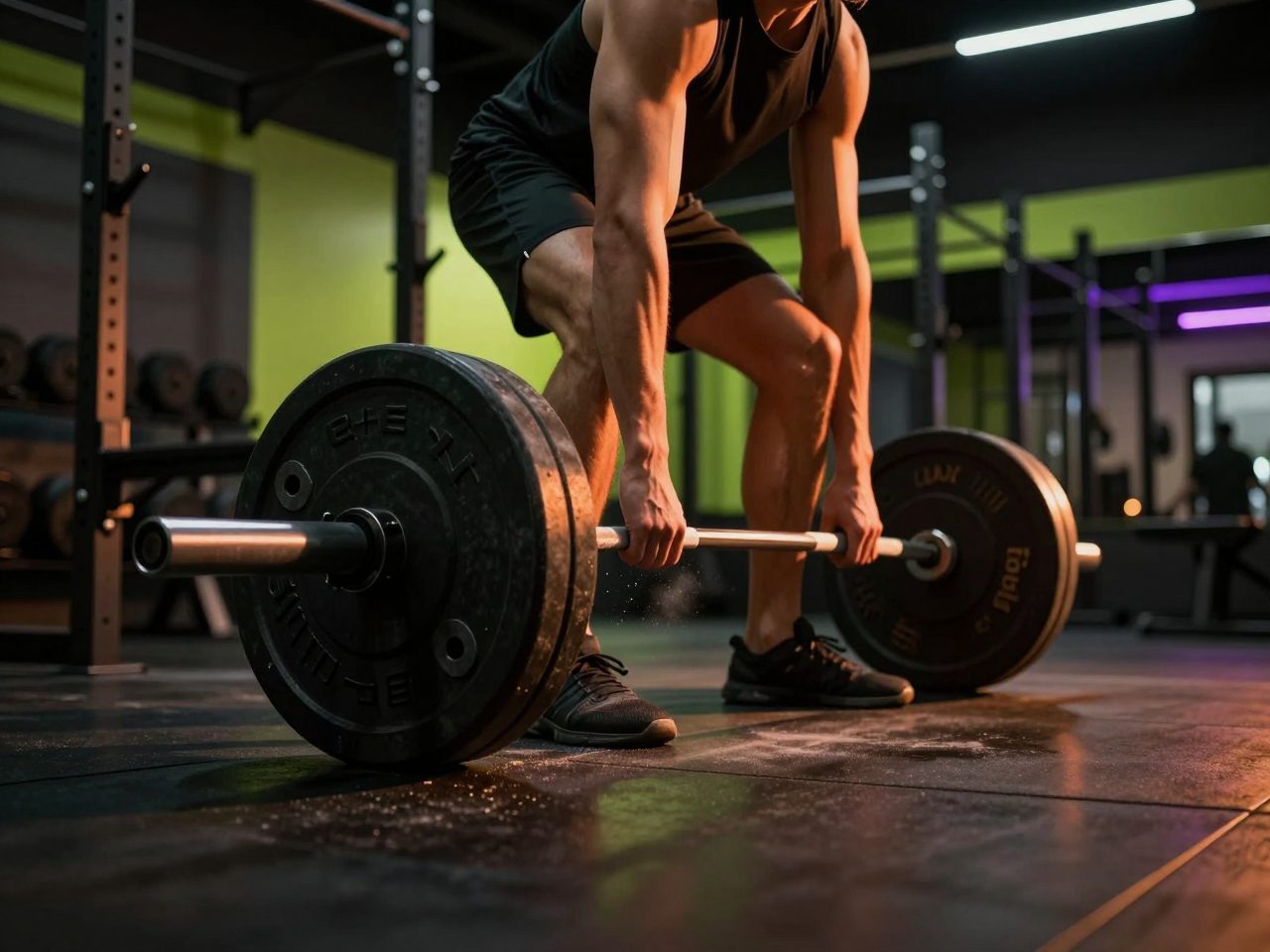 A loaded barbell being lifted in a dark strength gym with chalk dust in the light