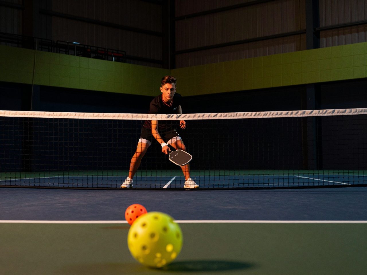 A pickleball player playing a soft dink shot at the net on an indoor court