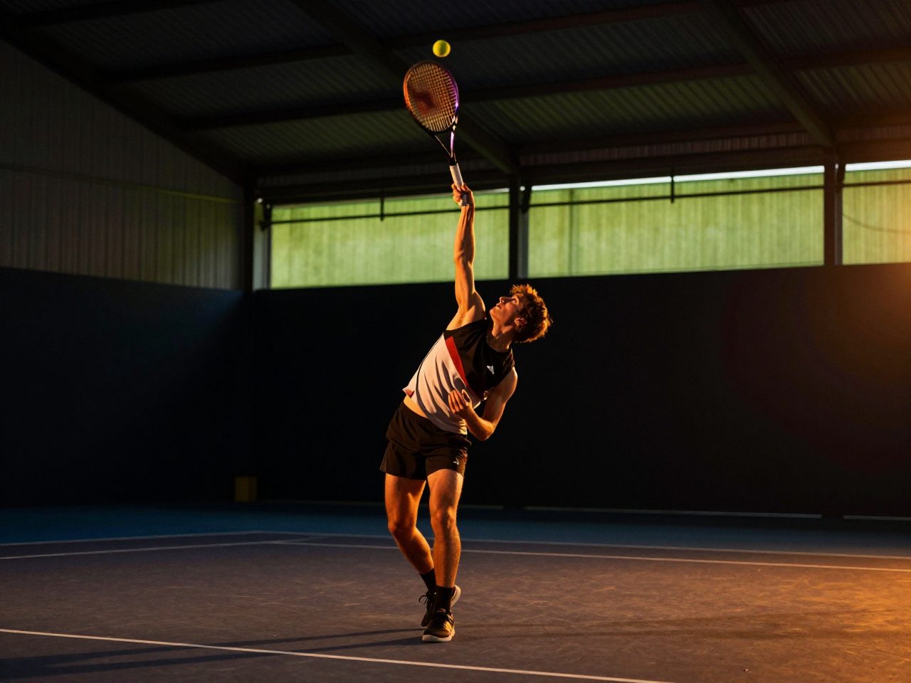 A tennis player at the top of a serve on a covered court, ball at the apex of the toss